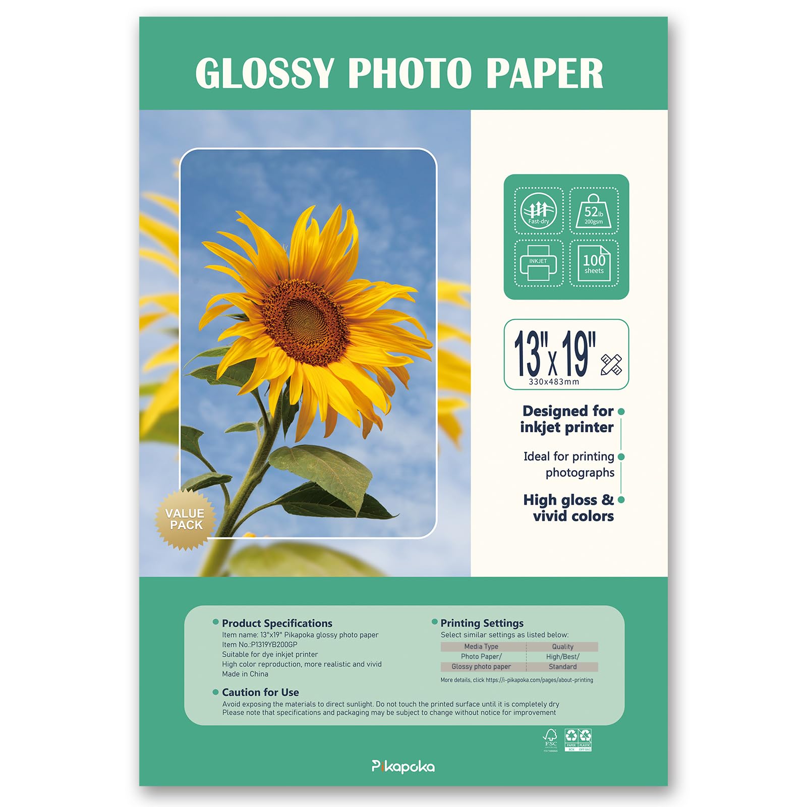 Glänzendes Fotopapier für Tintenstrahldrucker, A3+, großes Fotopapier, Super-B-Größe, 100 Stück, 200 g/m², 33 x 48 cm