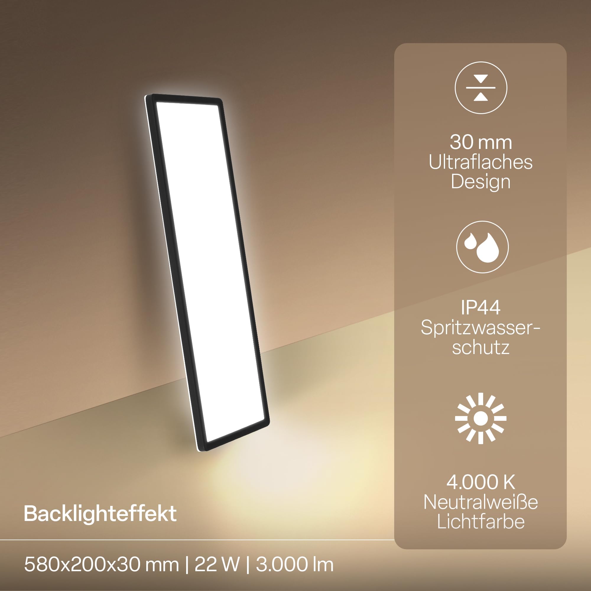 B.K.Licht - Panel LED z oświetleniem pośrednim, płaska forma i neutralne białe światło, klasa IP44, lampa sufitowa do łazienki, salonu oraz kuchni, 58 x 20 x 3 cm, czarny