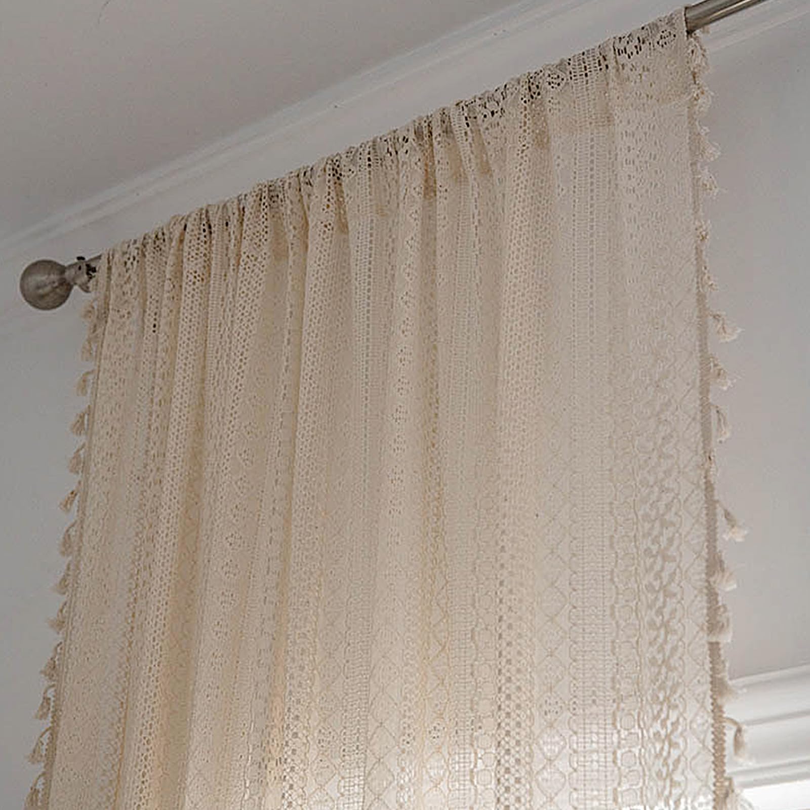 Lot de 2 rideaux en voile - Boho - Macramé - Rideaux vintage - Beige - 150 x 160 cm (L x H) - Pour salon, chambre à coucher