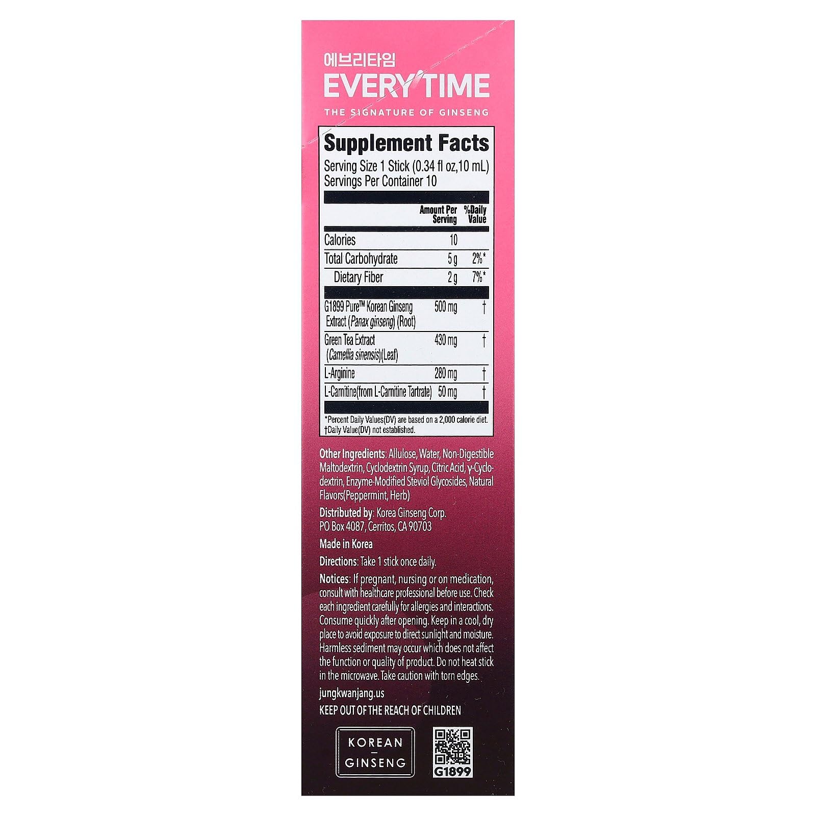 Amazon.com: Everytime CaloTrim - Intra Workout Herbal Energy Drink Packets  with Korean Red Ginseng, Green Tea & L-Carnitine Tartrate - Non GMO (0.33  fl oz, 10 Sticks) : Health & Household
