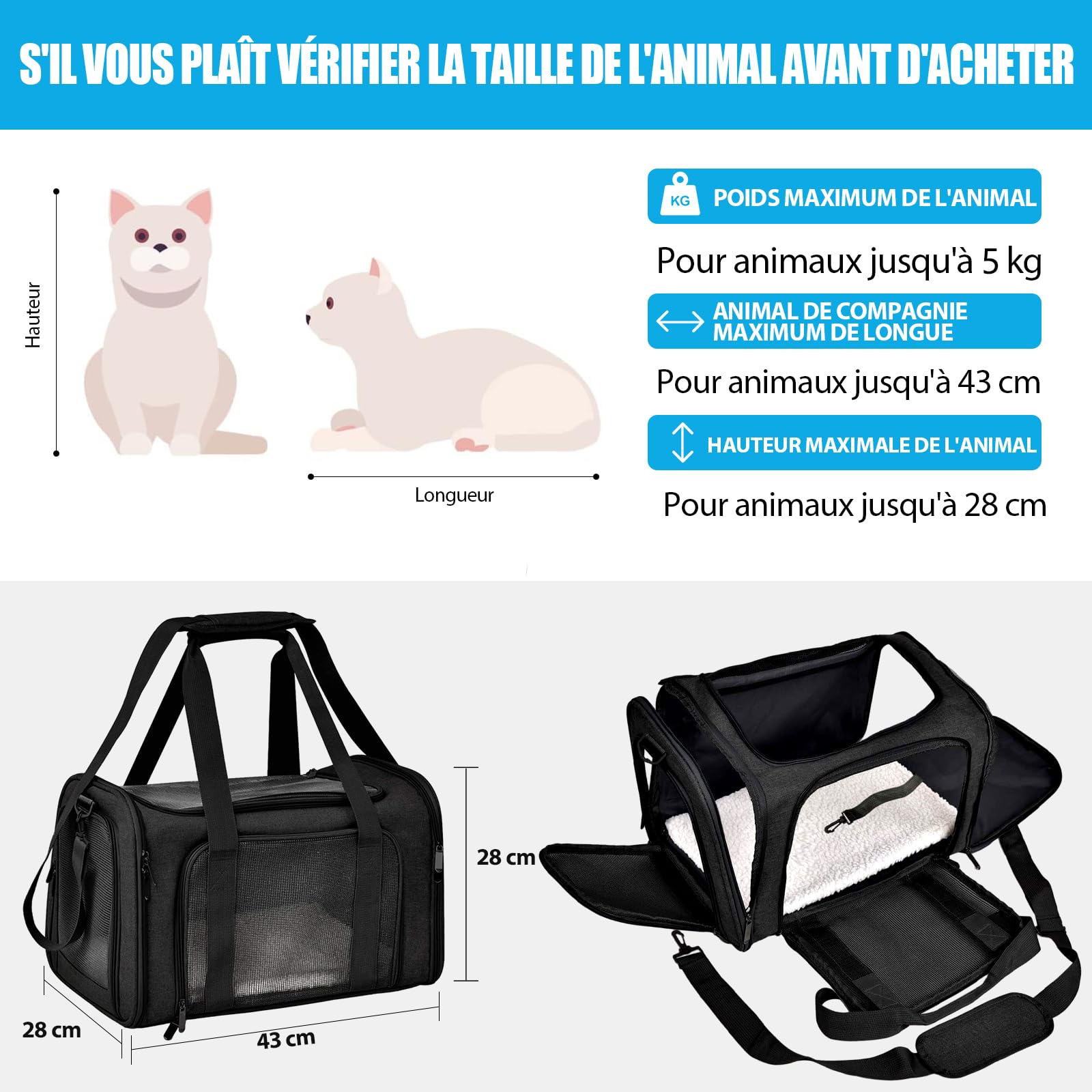 Sac de Transport Chat, avec Matelas Souple, Bandoulière Réglable, Design Pliable et Portable, Tissu en Maille pour la Ventilation, pour Chats et Chiots (Noir, L43 ×I 28 ×H 28 cm)