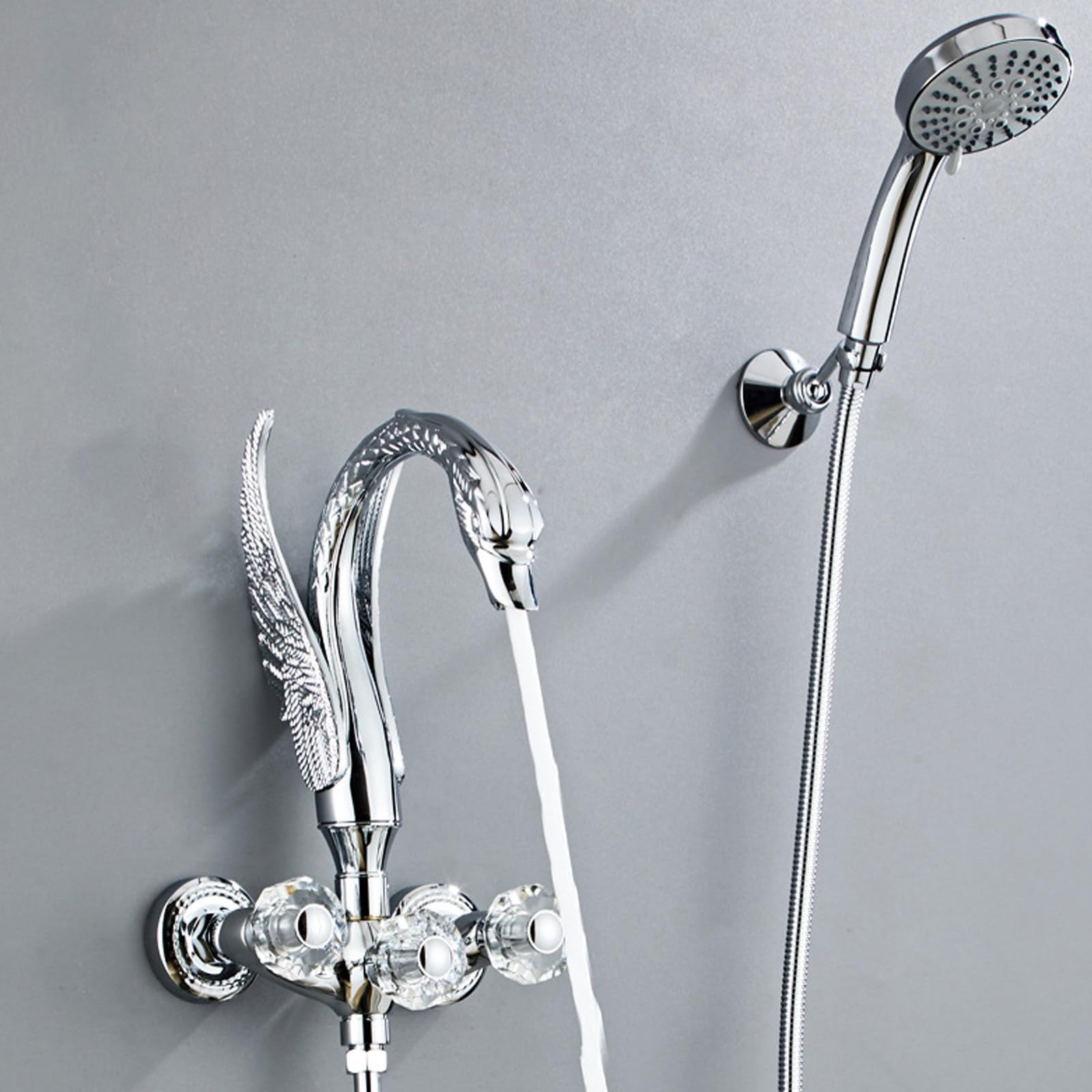 Bateria wannowa, 2 funkcje bateria wannowa z ręczną głowicą prysznicową mosiężna wylewka zestaw ścienny łazienka gorąca i zimna wylewka w kształcie łabędzia, chrom (retro)