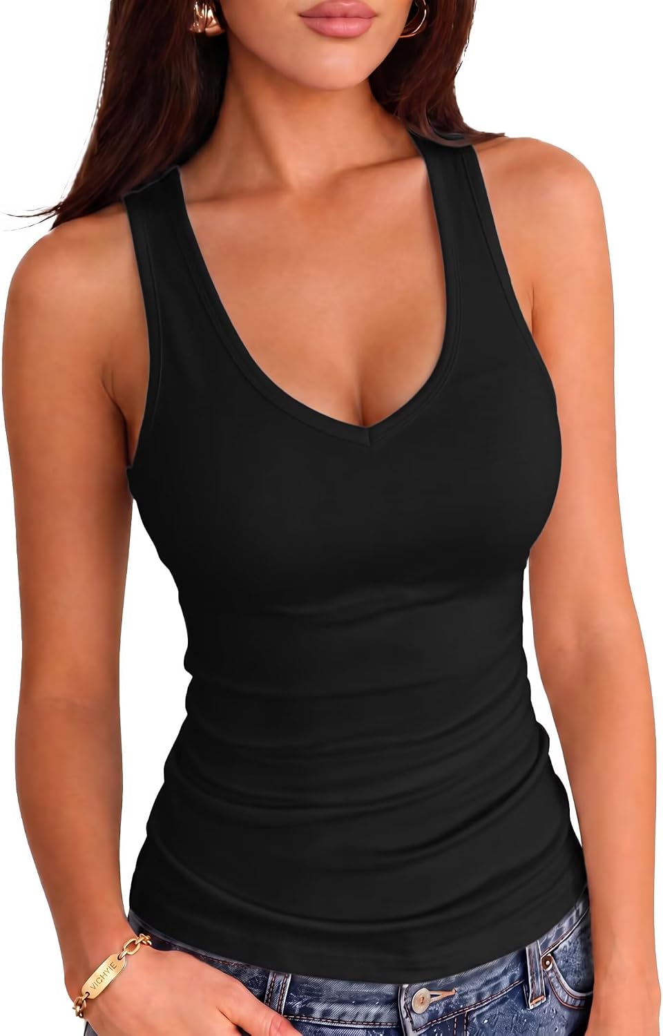 VICHYIE Women Summer Slim Fitted Low Cut Casual Tank Top