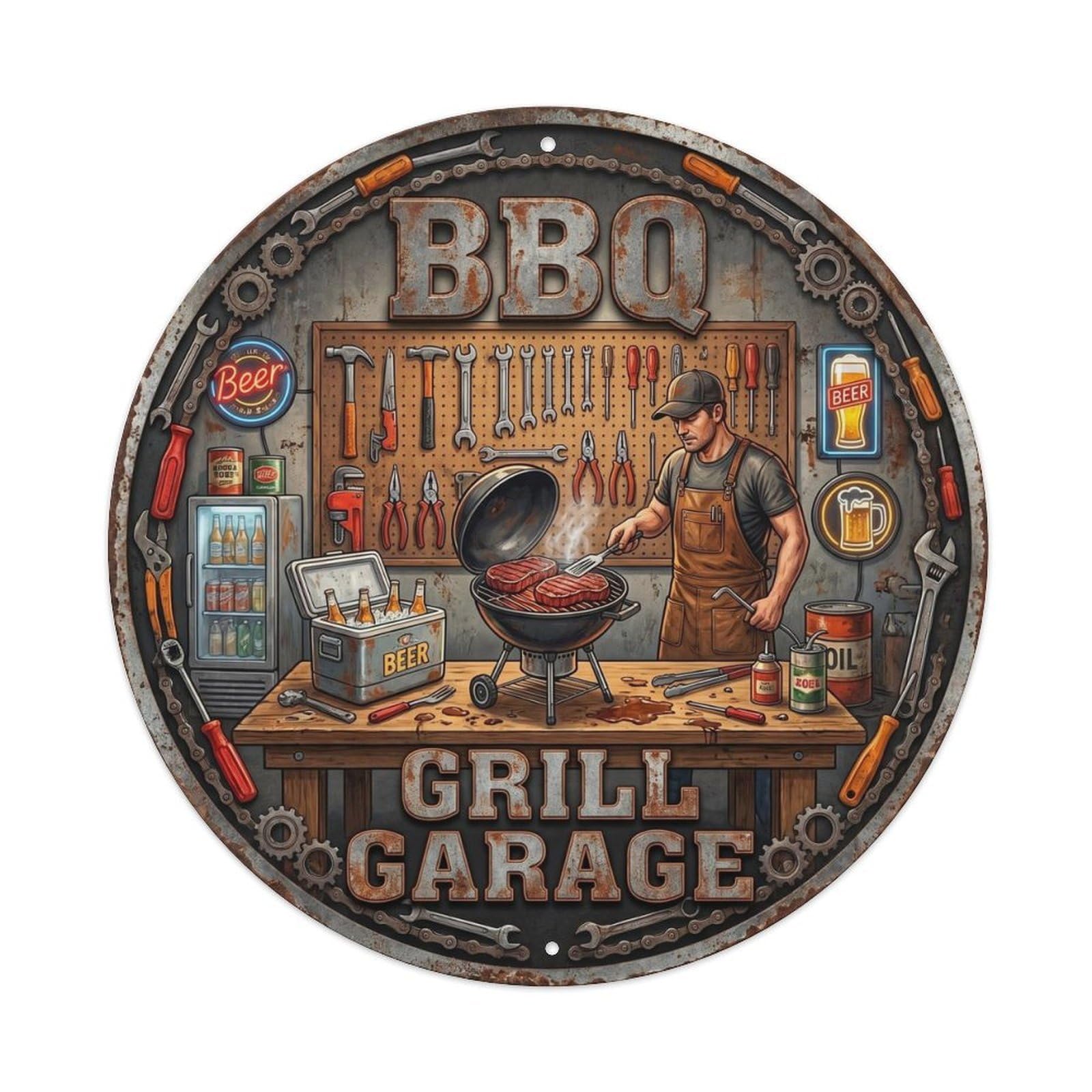 BBQ Barbecue Grill Garage Vintage Metal Tin Sign Plaque Wall Decor for Cafe, Club, Garden Round Metal Poster 8x8Inch
