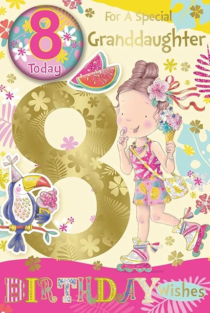 Granddaughter 8th Birthday Card and Badge Age 8 Girl with Ice Cream Gold Foil 9 x 6"