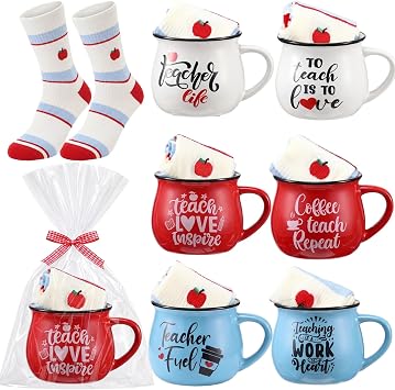 Vesici 6 Set Teacher Appreciation Gifts Coffee Mugs Bulk 12 oz Ceramic Coffee Cups with Opp Bags Matching Socks & Bow Ribbons Teachers Day Thank You Holiday Employee Appreciation Gifts