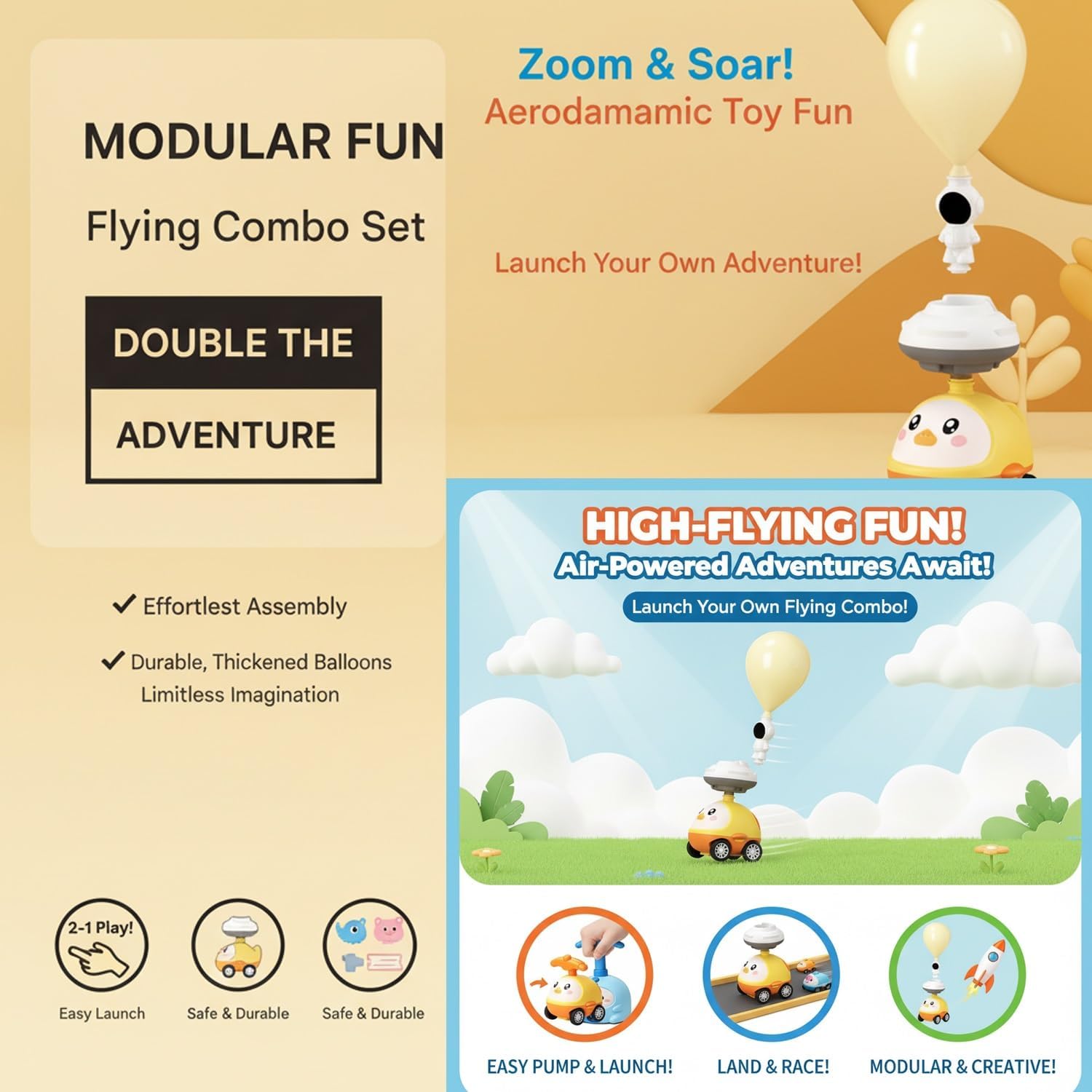 Yeesam 2026 New 2-in-1 Balloon Launcher Car Toy Set, Animal Air Powered Pump, Races on Ground & Flies in Air, Upgraded Pressing Interactive DIY Physics Learning, Party Favors Birthday Gift