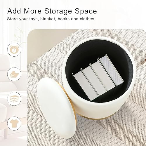 Miniatura 8 de Otomana redonda con almacenamiento juego de 2, otomanas tapizadas de terciopelo, taburete de tocador, otomanas multifuncionales, mesa de café,