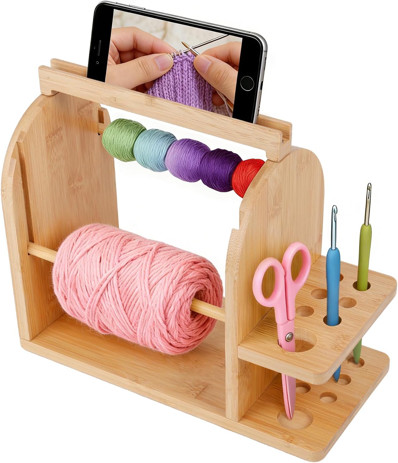 Durable Wooden Yarn Holder for Crocheting and Knitting with Built-in Phone Stand Crochet Kits for Beginners Yarn Storage Accessories Organizer Gifts for Crocheters with Dual Rods and Tool Holder