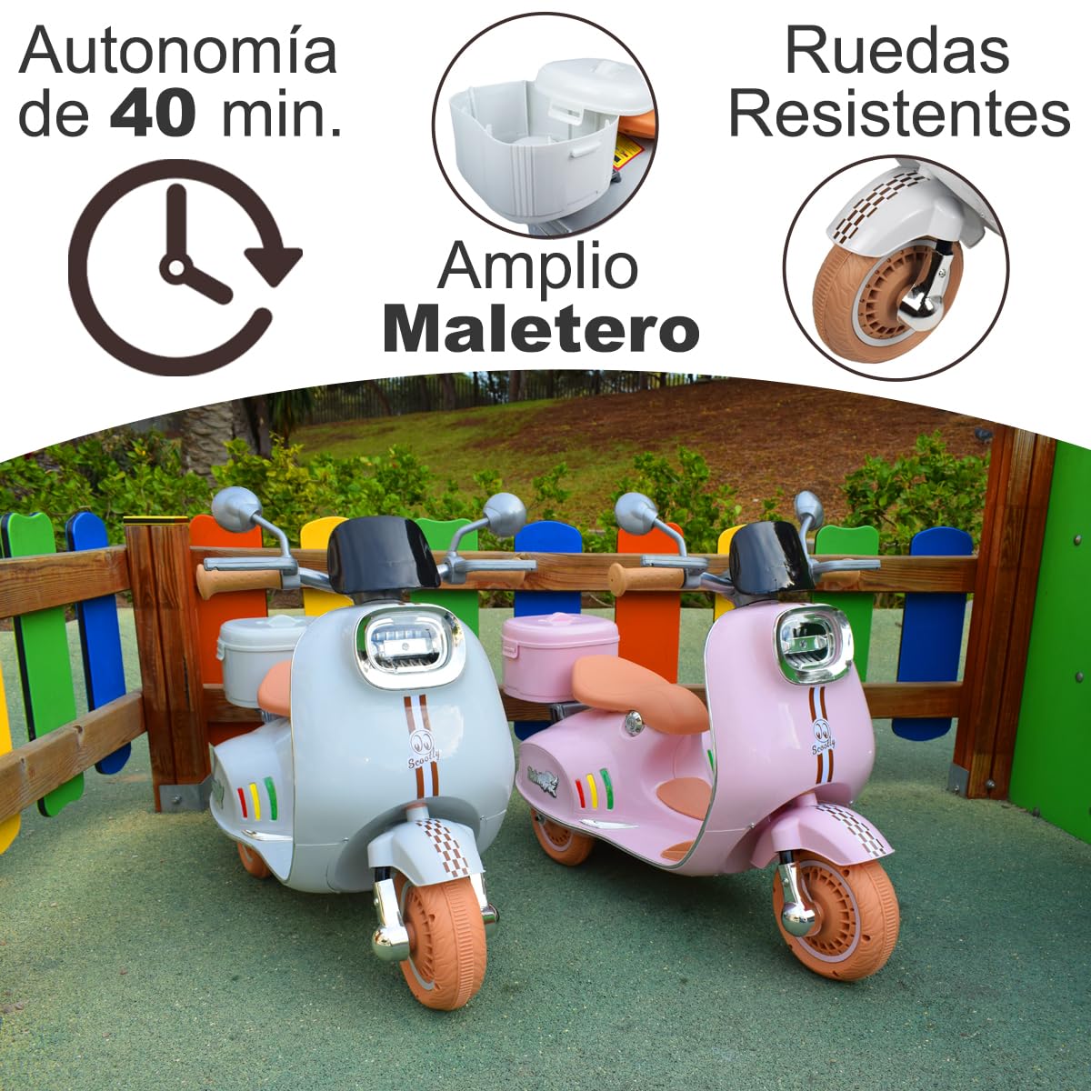 Twinly - Moto Eléctrica para niños SCOOTLY - Motocicleta Infantil con Mando a Distancia- Cargador y batería 6V hasta 40min – Acelerador de Pedal - Maletero, USB, luz y MP3 Bluetooth (Rosa)