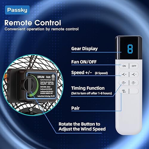 Miniatura 7 de Passky Ventilador industrial de tambor resistente de 30 pulgadas con control remoto, ventilador de piso de alta velocidad de 13000 CFM, ventilador