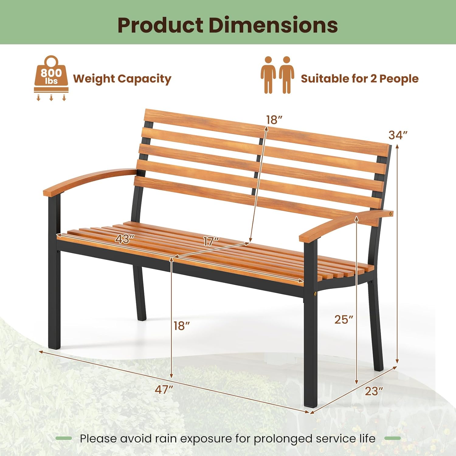 Tangkula 43" Outdoor Garden Bench, 2-Person Acacia Wood Bench with Heavy-Duty Metal Frame, Slatted Seat & Curved Armrests, 800 lbs Weight Capacity, Patio Bench for Porch, Yard, Balcony, Lawn
