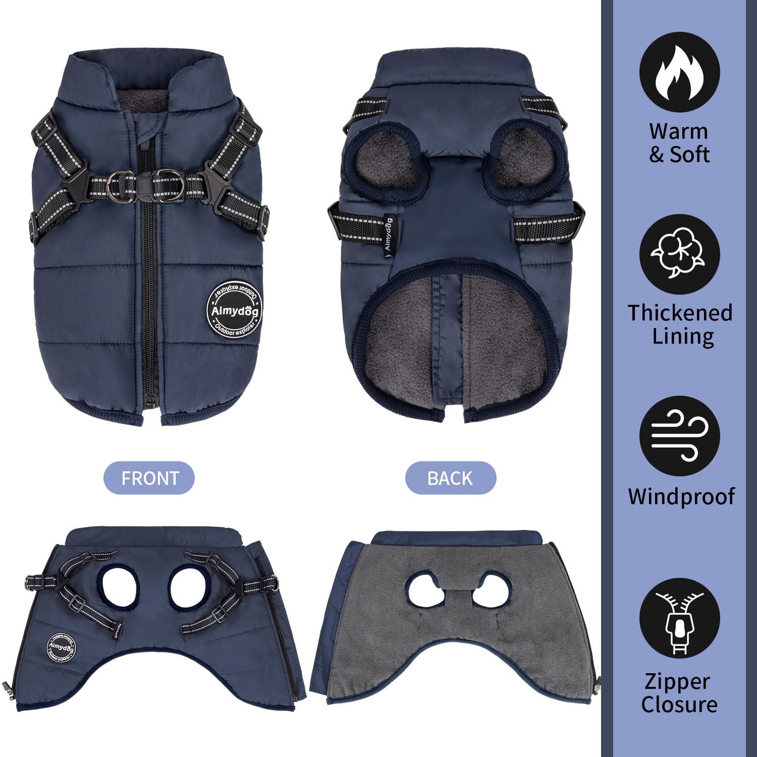 Cappotto invernale per cani, caldo cappotto invernale per cani, con imbracatura integrata, riflettente e regolabile, comodo, antivento, per cani di taglia piccola, media e grande (blu navy)