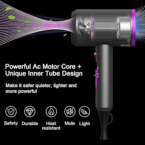 Miniatura 6 de Secador de pelo eléctrico portátil, secador de pelo profesional iónico de bajo ruido con 2 boquillas concentradoras, 1 accesorios difusores, secador