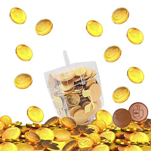Miniatura 3 de The Dreidel Company Dreidel relleno de monedas de chocolate con leche Gelt de Hanukkah, 10 chocolates de Menorá y Dreidel con diseño dorado Gelt de