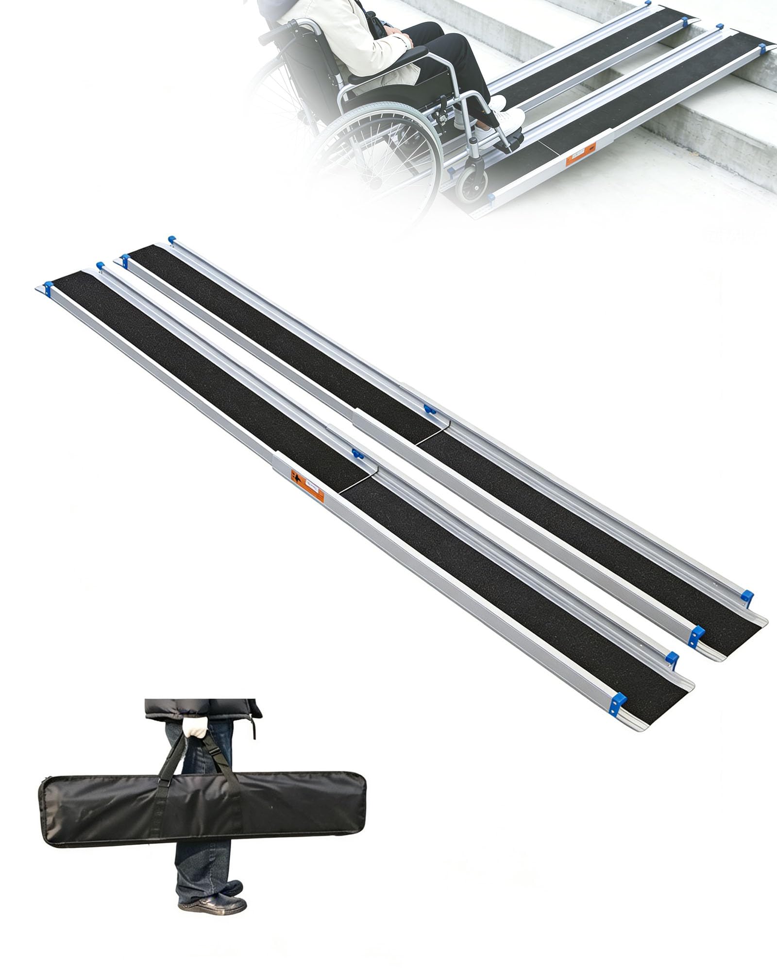 ANYBOY Teleskopowa aluminiowa rampa dla wózków inwalidzkich, 121 cm - 212 cm | Próg drzwi, zestaw 2 sztuk w workach do przechowywania, nośność 300 kg, regulacja długości, do użytku domowego