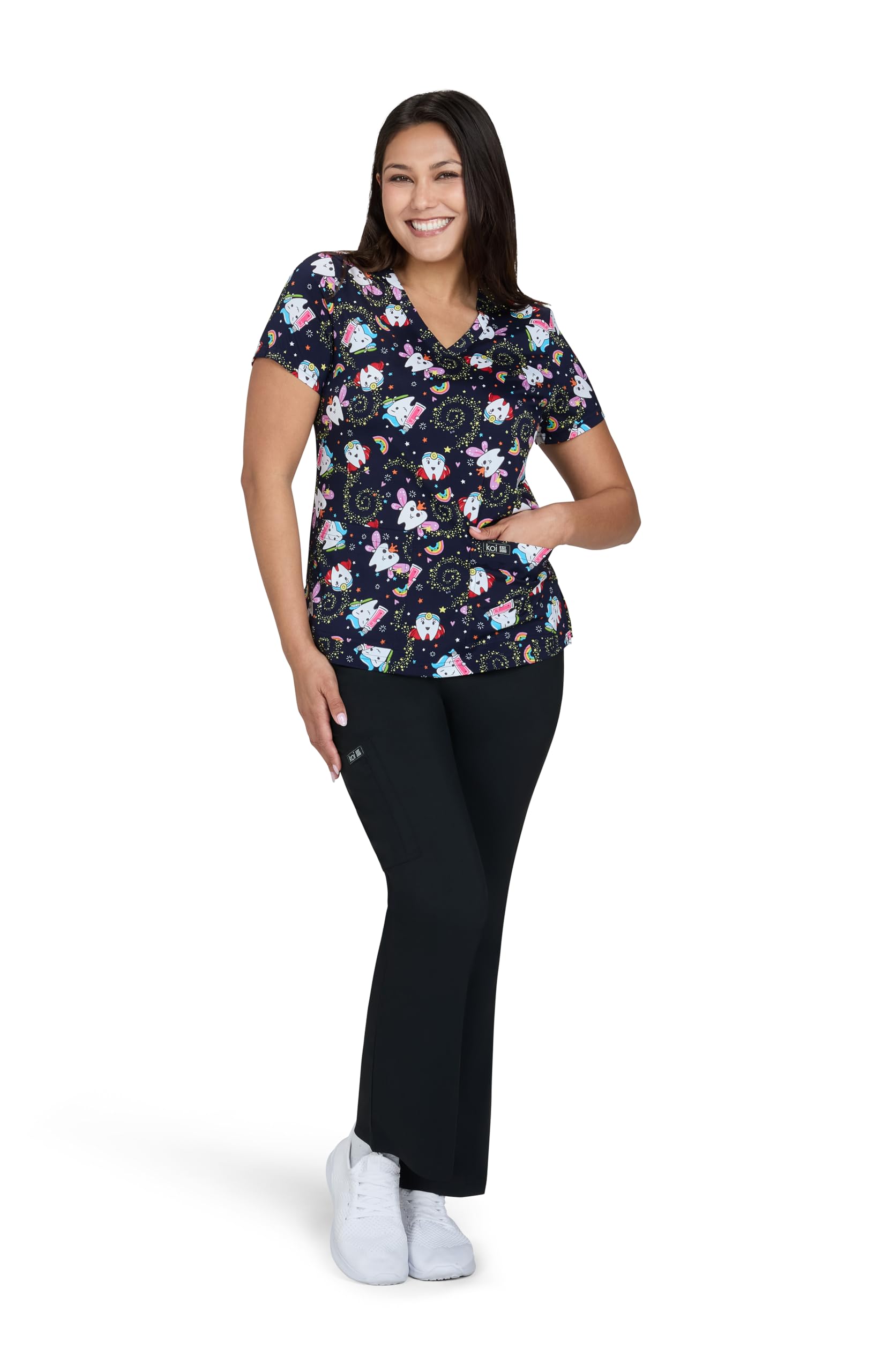 KOI Basics Leslie Women's 2-Pocket Stretch Print Top