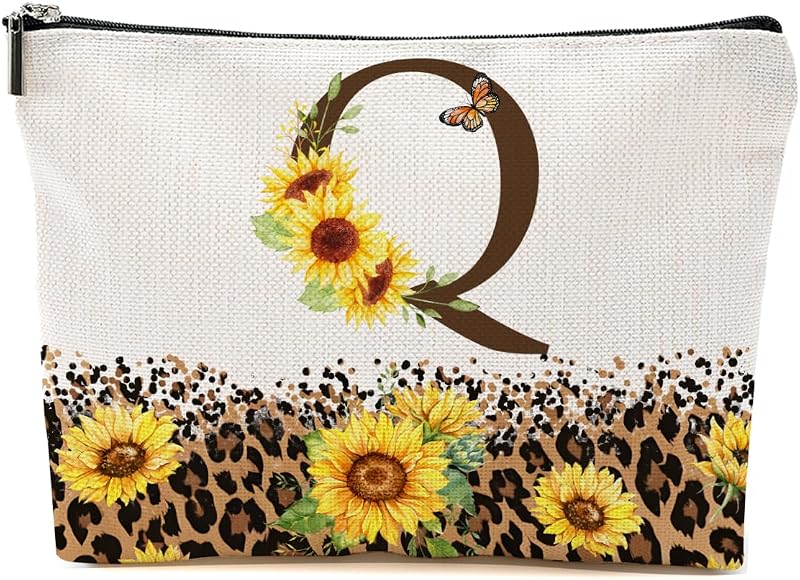 Necessaire de maquiagem BQXH com monograma Q e estampa de girassol