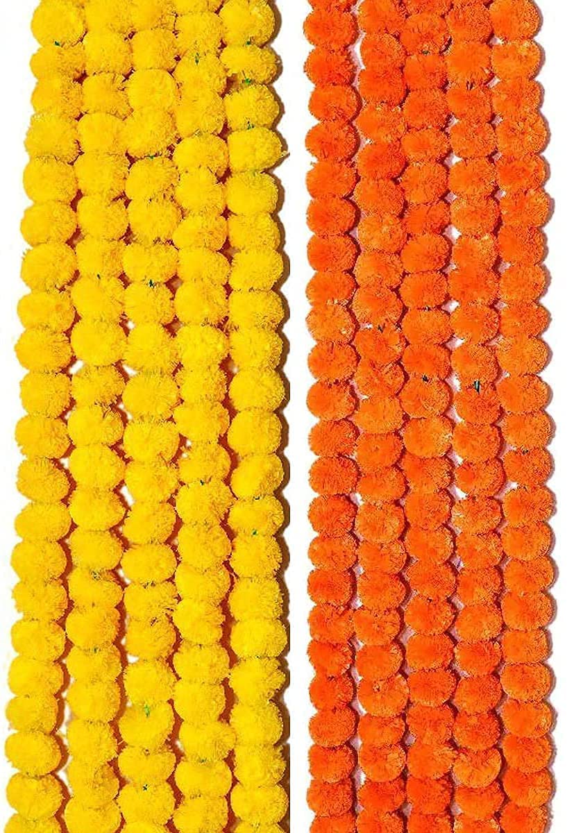C R Tradelink Artificial Fluffy Marigold Flowers Garlands for Home Decoration - Pack of 10 (5 Yellow + 5 Dark Orange) |CR_Garlands Flower_Pack of 10_R|