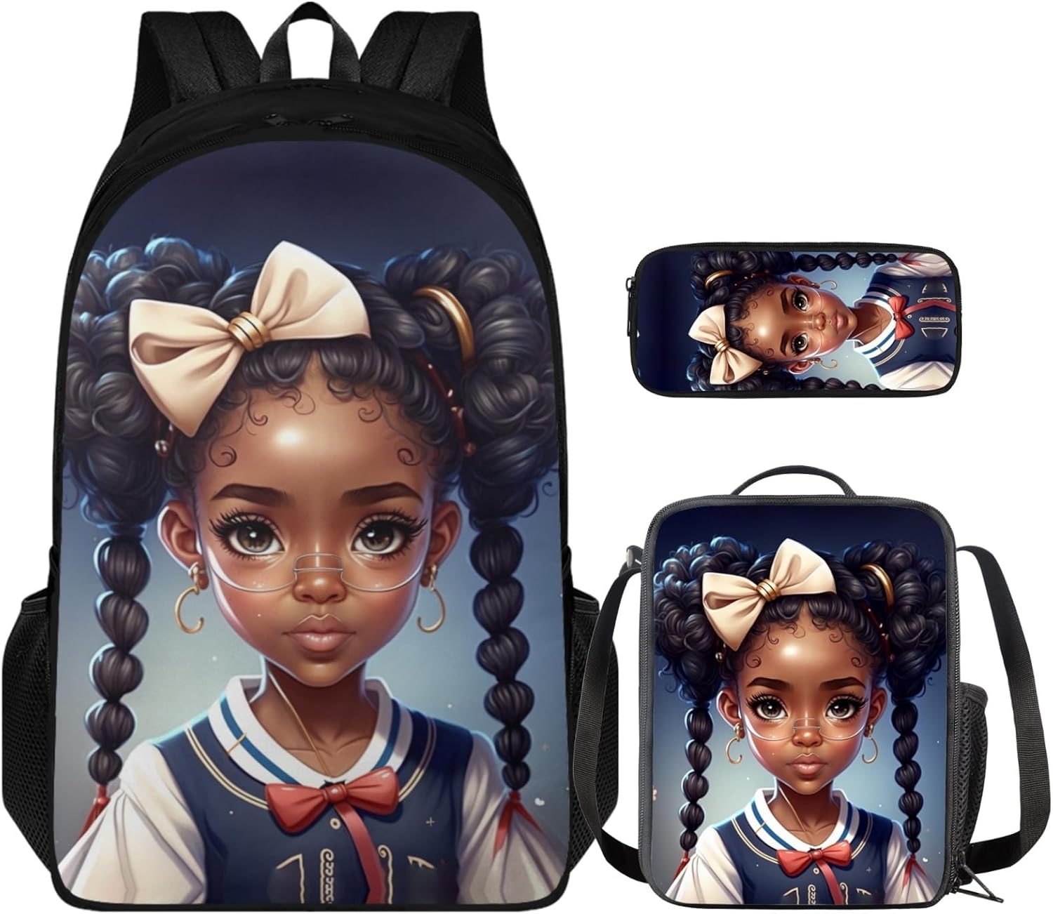 Afro Preppy Girl 3 Pcs Backpack Set for 2Nd 3Rd Children African Girl School Bag for Boys Girls Book Bag with Lunch Bag and Pen Box for Kids Back Pack for School Supplies