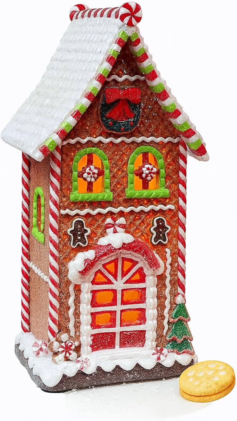 MOMENTS IN TIME Gingerbread Village House LED Light Up Christmas Decoration 12.9” Handcrafted Polyresin Holiday Décor Battery Operated Christmas Village Scene Gift Packaging Included