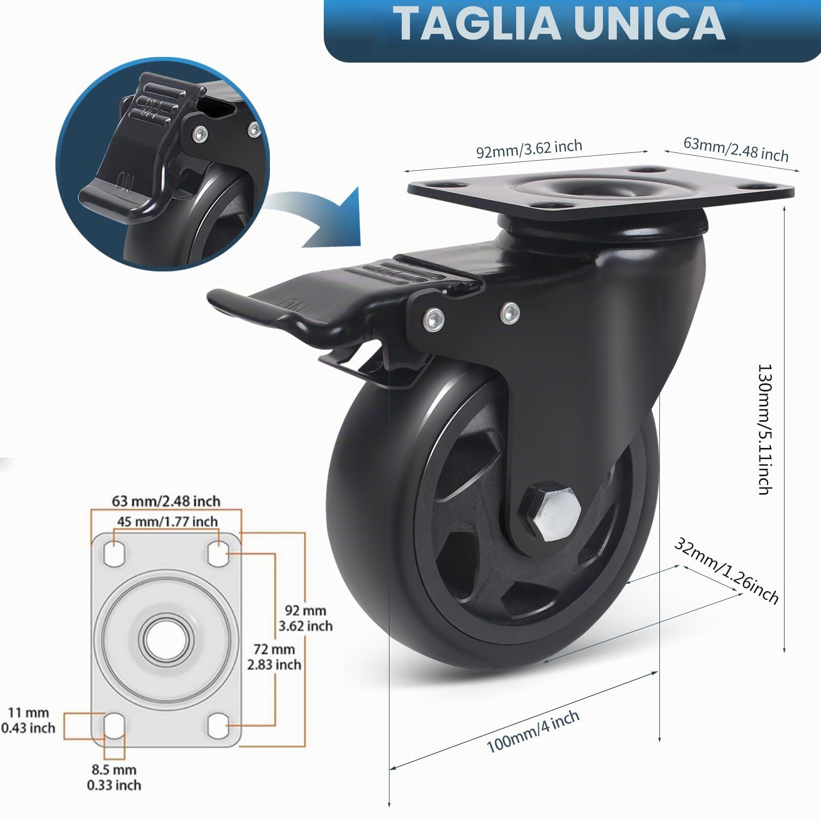 100MM Ruote per Mobili Pesanti, Set di 4 Ruote per Carrello con Freno Capacità 600kg, Cuscinetti Doppi Rotelle Girevoli Rotazione a 360°, Rotelle Pesanti per Tavolini, Tavolo
