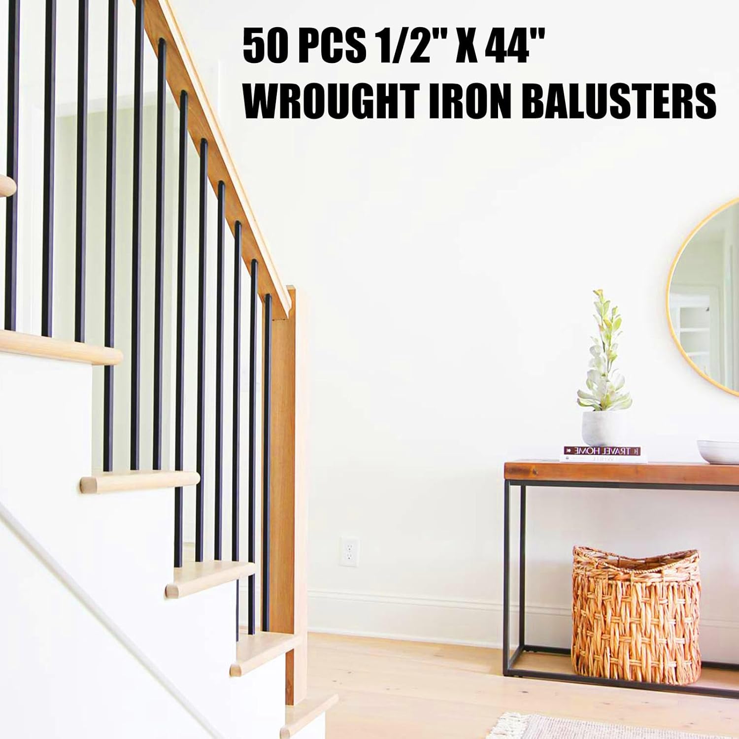 50 Pack 44'' Wrought Iron Baluster, Hollow Straight Bar Metal Baluster for Decks, Iron Balusters for Staircase Interior Decorative Stair Deck Railing 1/2-inch Satin Black Deck Spindles