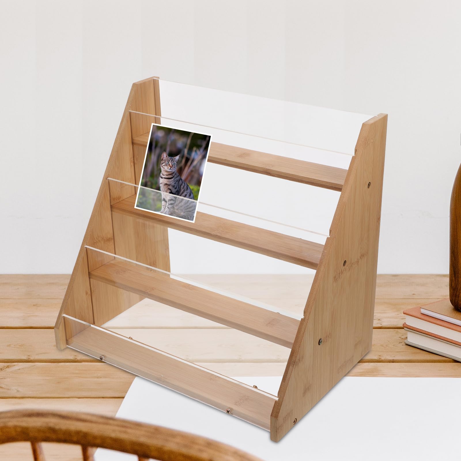 BESPORTBLE Postkartenhalter Displayständer aus Bambus und Acryl Mehrstufig für Postkarten und Fotos zum Ordnen und Präsentieren von Grußkarten für Hochzeiten und Geburtstage