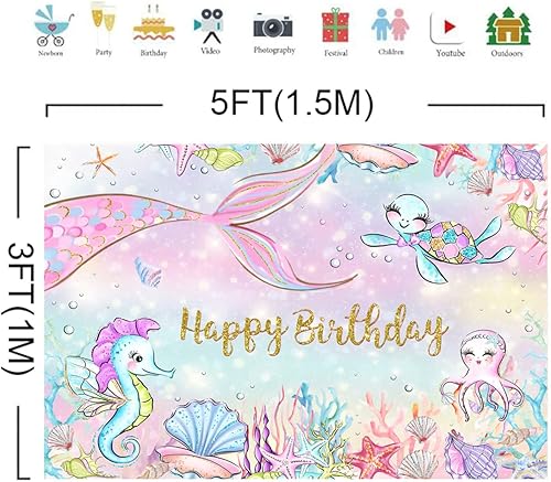 Miniatura 5 de Lofaris Telón de fondo de fotografía bajo el mar de 5 x 3 pies para niñas, sirenita, fiesta de cumpleaños, hipocampo, concha, tortuga, fondo coral,