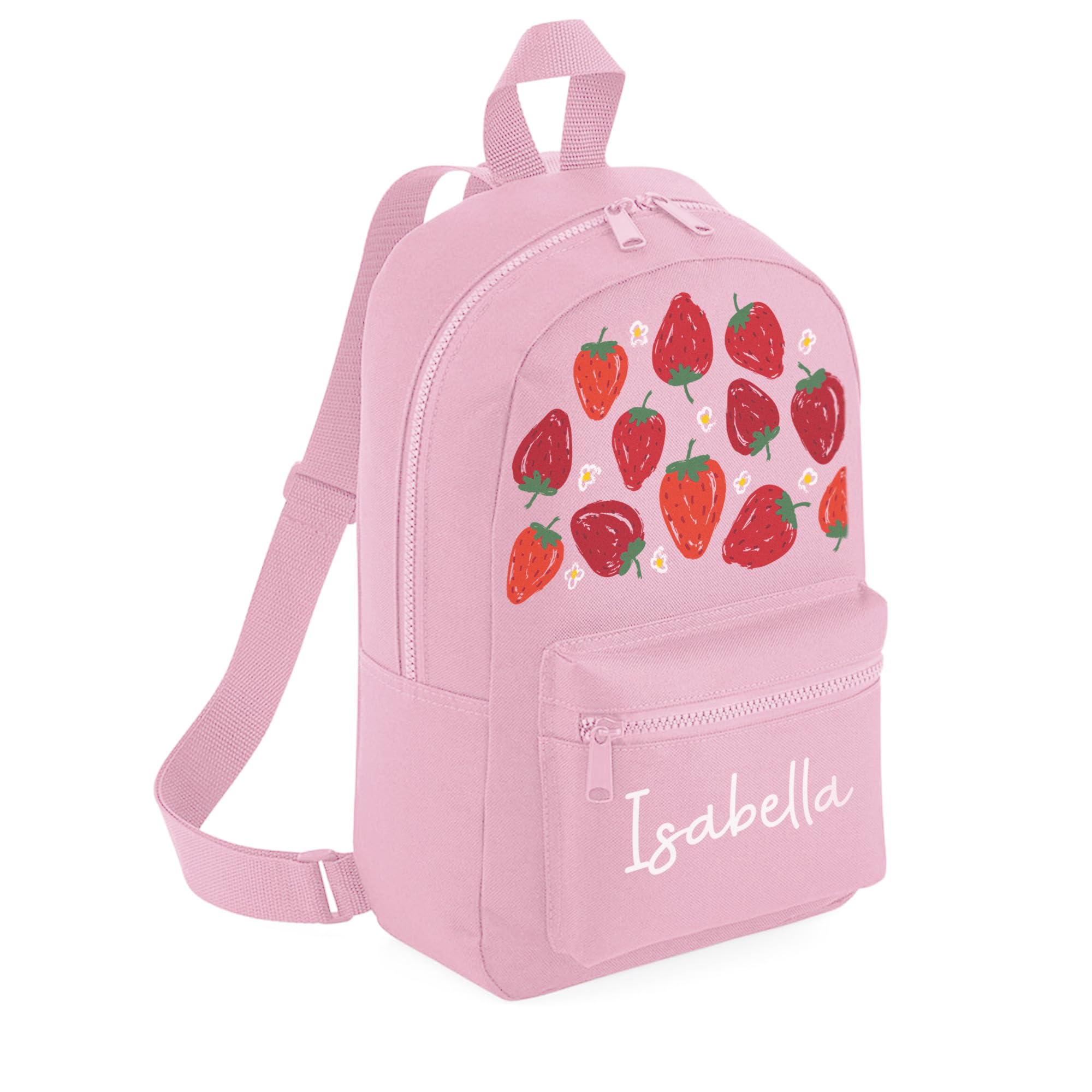 A1 Graphics Ltd Powder Pink Personalised Strawberry Kids Backpack Custom With Name Choice Of Colours Strawberries Flowers School Bag With Adjustable Straps For Children & Toddlers (Powder Pink)