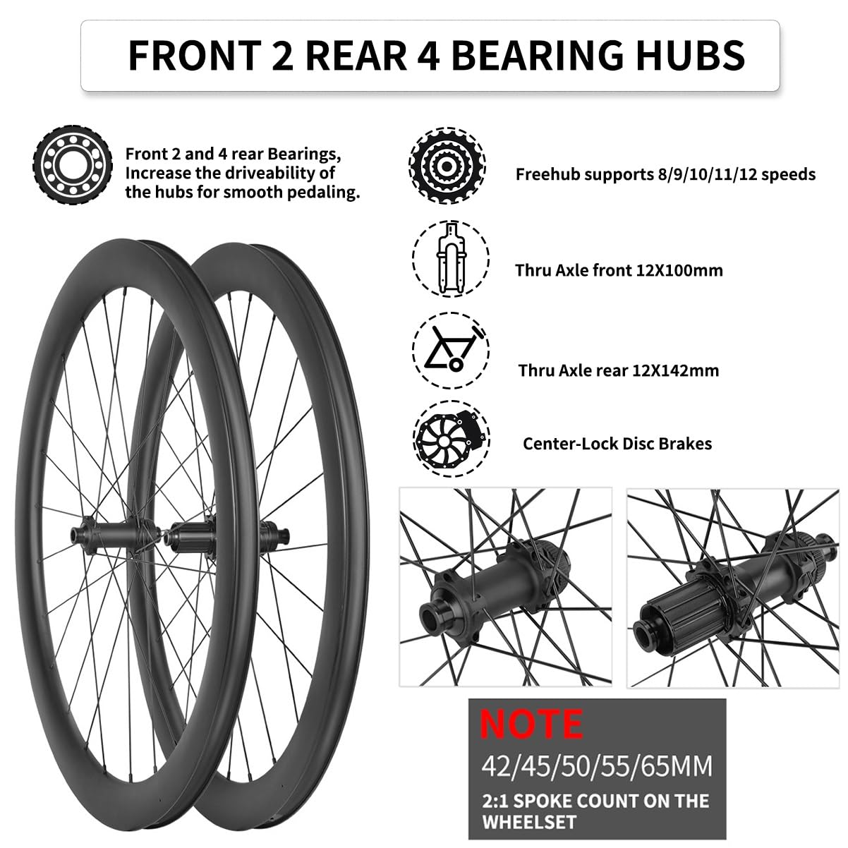 700C Fibra di Carbonio Set di Ruote per Bici da Corsa ASSE Passante Ruote Anteriori E Posteriori Blocco Centrale Freno A Disco Mozzi 24H per Cassetta A 8/9/10/11/12 velocità(50MM)