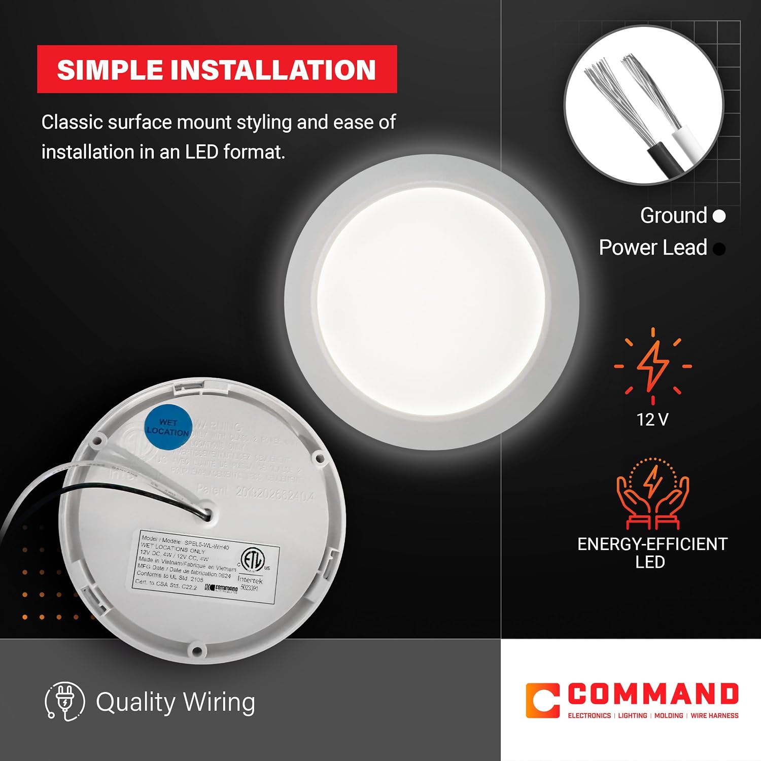 Command Electronics Recessed Ceiling Light - Surface Mount Interior/Exterior Bright White Puck Light with White Trim - 12V LED, 4.625" Diameter, Wet Location Rated for RV, Camper, Truck | 2 Pack