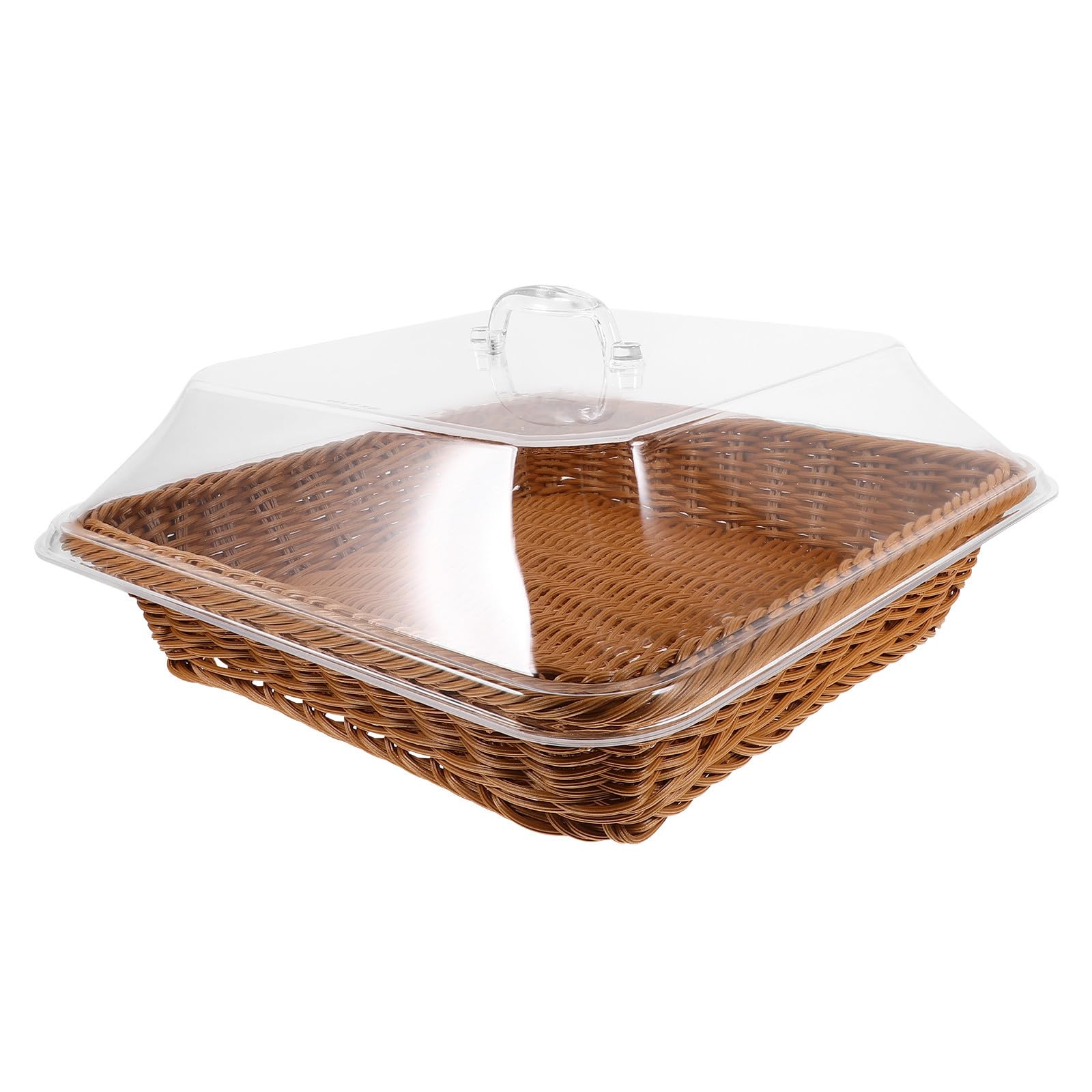 Alasum Cesta para Servir Alimentos con Tapa Transparente Bandeja Versátil para Frutas y Pan Cesta Tejida de Ratán Sintético Marrón en Ocasiones Obsequios Reutilizable