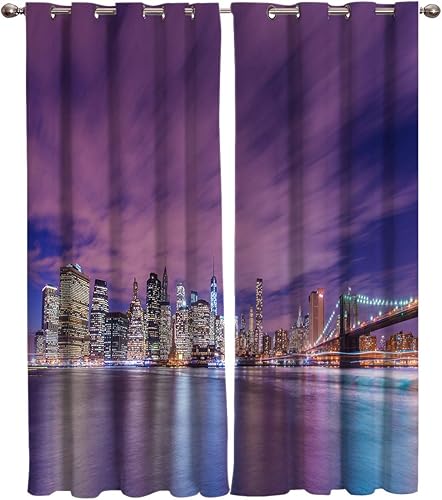 FortuneHouse Blackout Curtains Thermal Insulated American Cities at Night and Skyscrapers Solid Pattern Metal Grommet Elegant Room Drapes Window