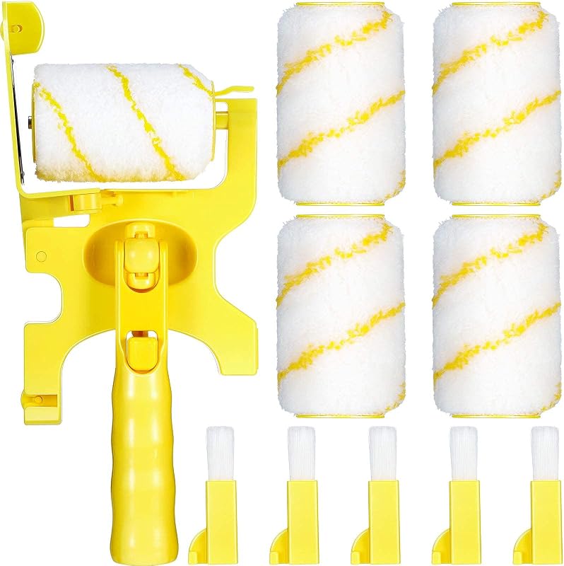 9 Set Paint Edger Roller Kit, with 4 Extra Replacement Rollers and 4 Brushs | Rotating Hollow Handle Fits Matching Extension Poles, Removable Head Allow Easy Cleanup for Indoor Outdoor Walls and Ceilings