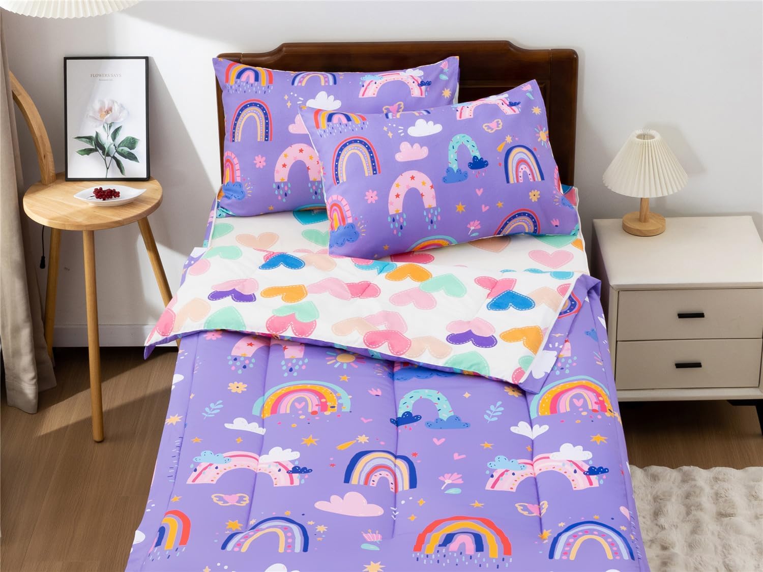NTBED Rainbow Printed Zipper Bedding Sets Twin Lightweight Microfiber Cloud Comforter Sets with Fitted Sheet Pillow Covers,Purple