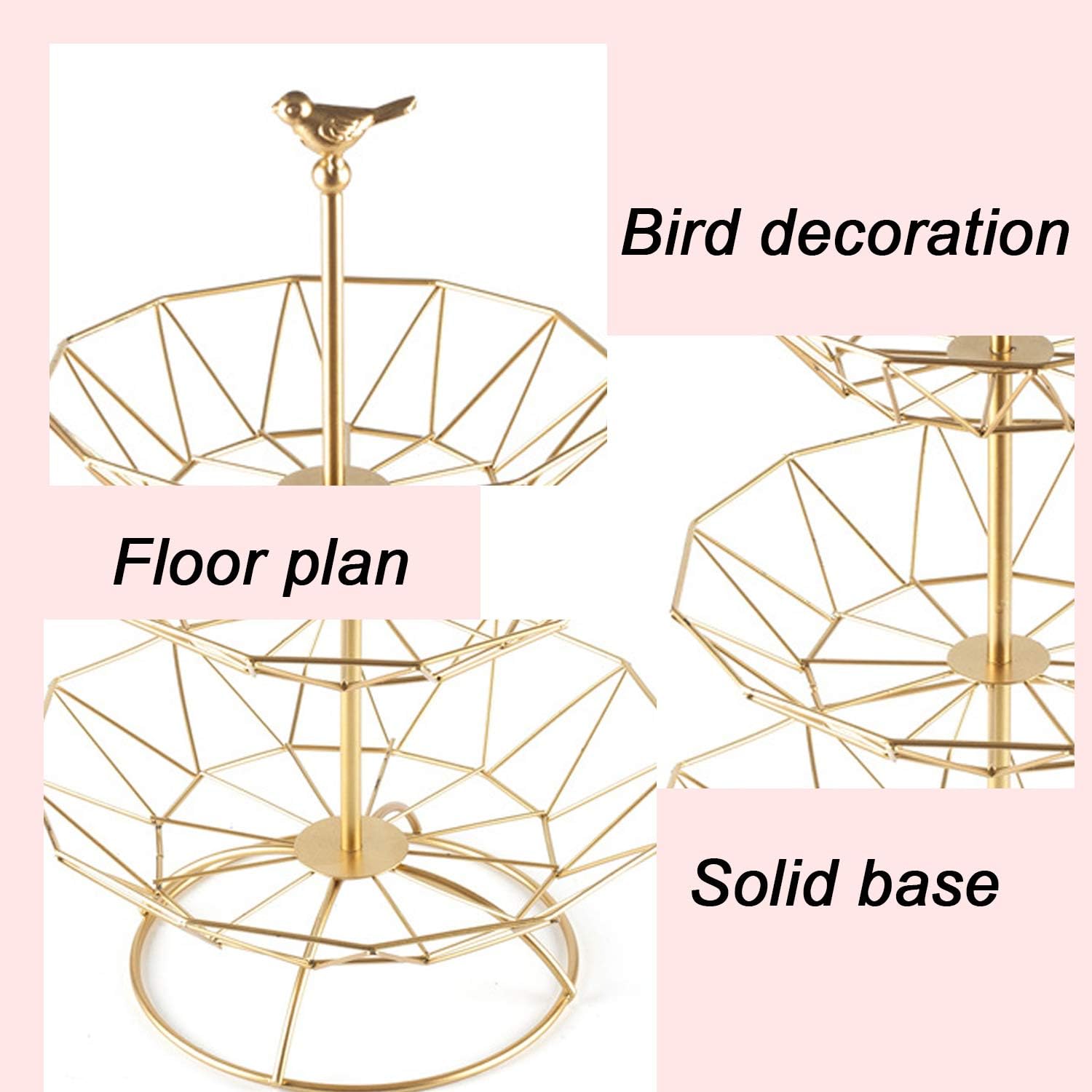 Wrought Iron 3 Tier Fruit Tray Fruits Desserts Candy Buffet Plates Serving Tray for Family Dinner Birthday Party Wedding-Gold