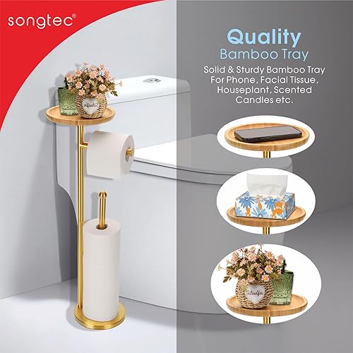 Miniatura 4 de Soporte para papel higiénico con bandeja grande de bambú de 7.9 pulgadas, soporte de almacenamiento de papel de pie libre dorado con estante para