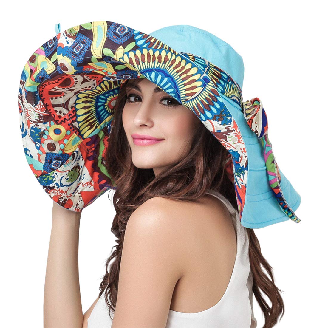 Witery Women's Blue Summer Reversible Floppy Wide Brim Beach Upf50+ Foldable Sun Hat Visor Cap