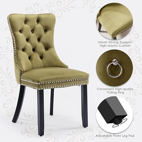 Miniatura 5 de Juego de 2 sillas de comedor tapizadas de terciopelo, sillas laterales de cocina de estilo moderno con ribete de cabeza de clavo y patas de madera,
