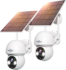 Hiseeu Solar Security Camera, 2PCS 4MP Wireless WiFi Camera Outdoor, PTZ 360 View, PIR Motion Detection, Color Night Vision, IP66, 2-Way Audio, 2.4G WiFi