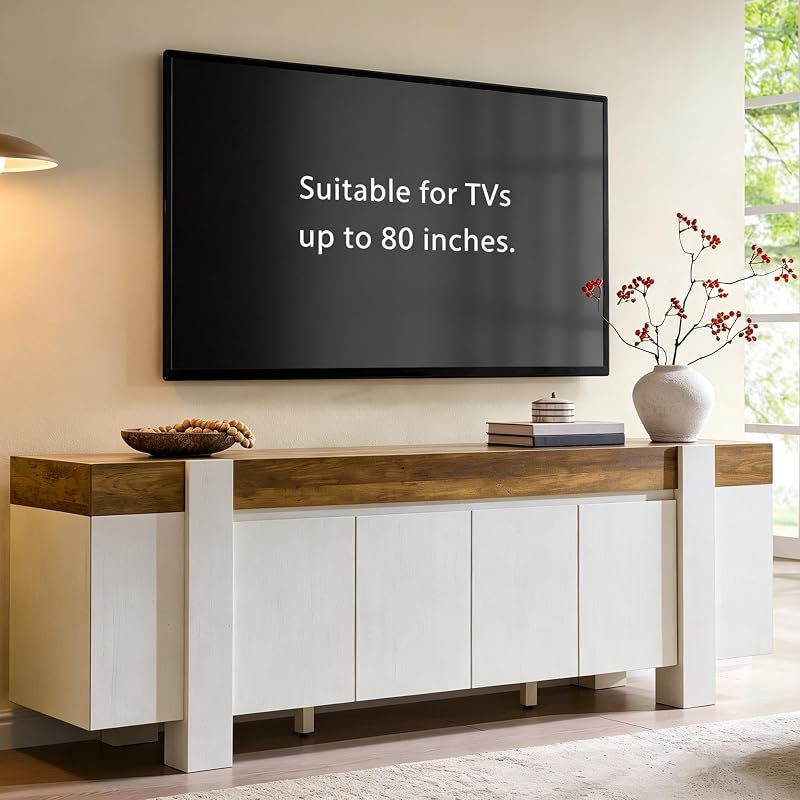 OKD 70" Modern Farmhouse TV Stand for TVs up to 80 Inch, Antique White image 3