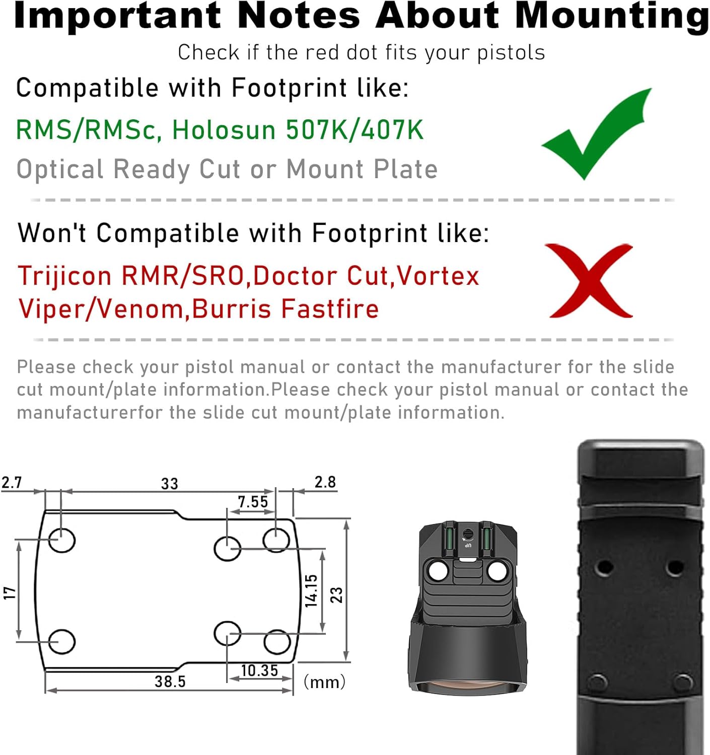UUQ Mini Reflex RMS/RMSc Red Dot Sight with Fiber Optics,2MOA,10 Brightness Adjustments Motion Awake Red Dot Scope for Rifles, Pistols and Shotguns,Suitable for RMSc and 20mm Picatinny Rail