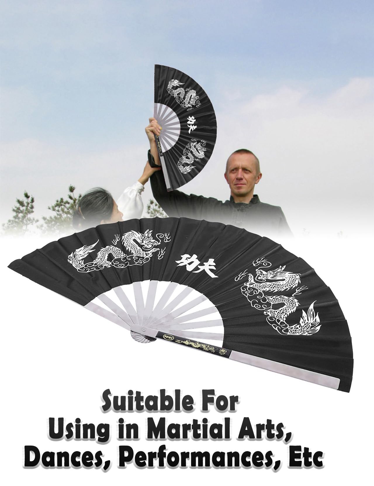 Chinesischer Tai-Chi-Fächer, Handfächer Mit Fächerrippen aus Edelstahl, Handfaltbare Fächer Für Chinesische Kung-Fu-Tai-Chi-Übungen, Chinesische Dekorationen(Schwarz)