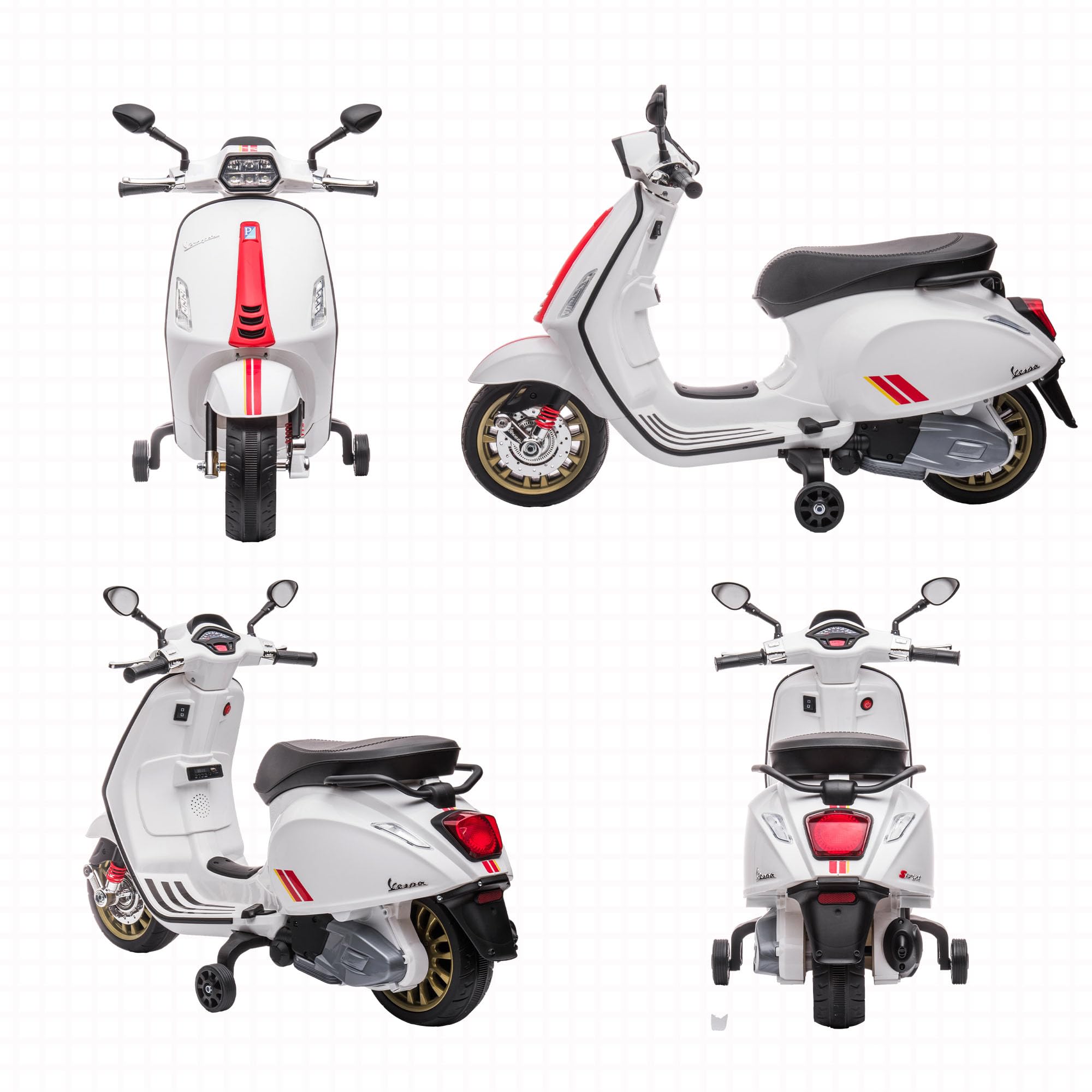 AIYAPLAY 12V Moto Elettrica per Bambini 3-6 Anni a Licenza Vespa con Rotelle, Fanale e Musica, Moto Giocattolo in PP e Metallo, 107x47x73 cm, Bianco