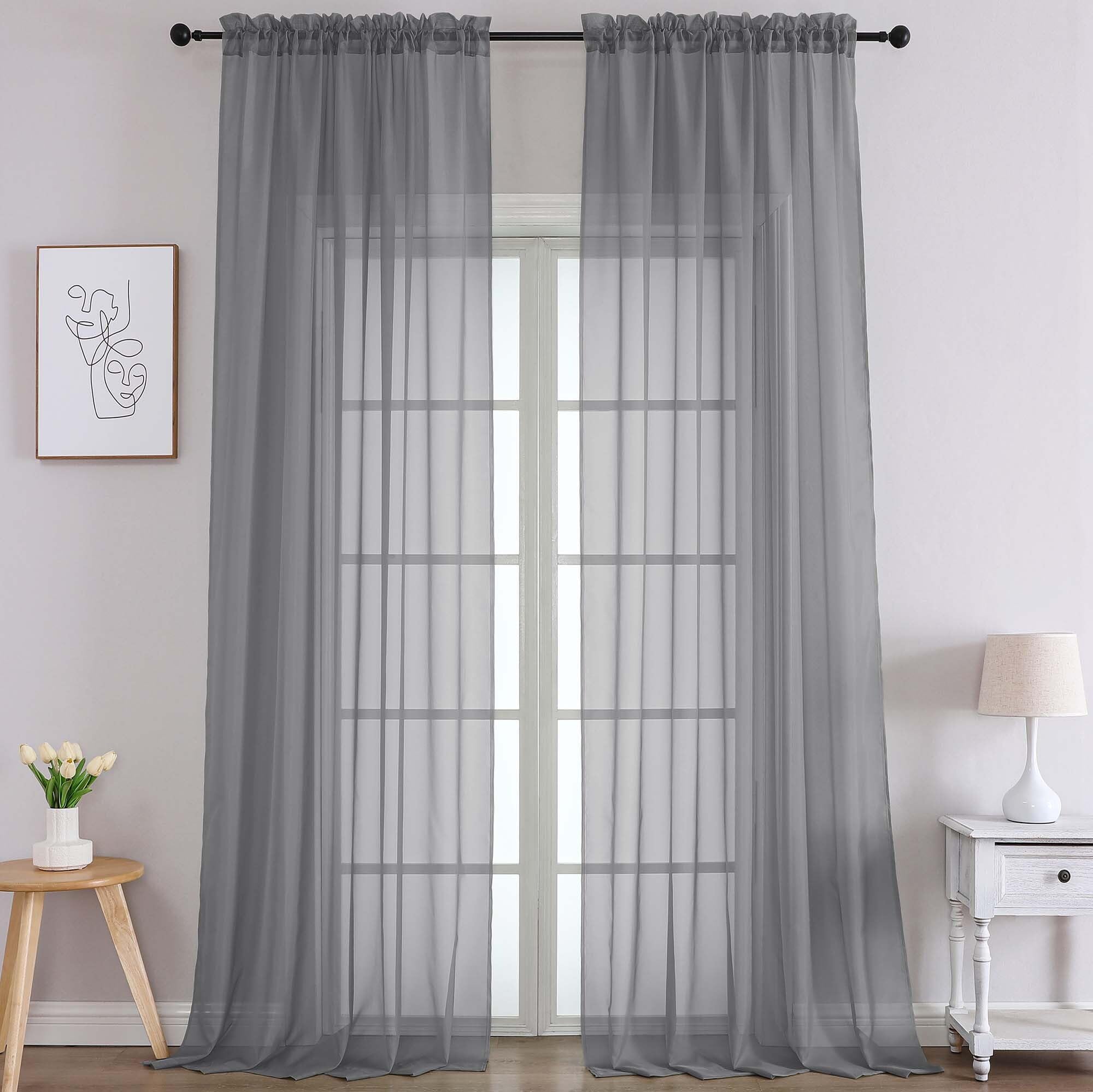 Chyhomenyc Extra Long Charcoal Grey Sheer Curtains 108 Inches Long 2 Panels, Light Filtering Curtains for Living Room, Soft Gentle Voile Rod Pocket Bedroom Window Drapes, 59Wx108L Inch, 9FT, 2PCS