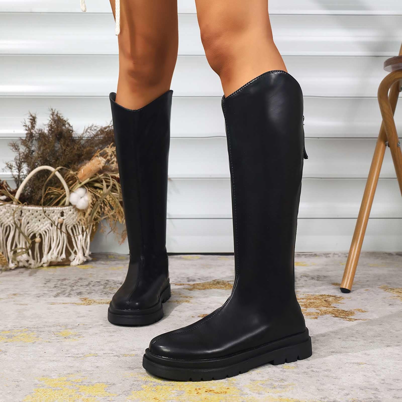 Generisch 2026 Botas de plataforma con suela gruesa de media pantorrilla, botines de equitación de moda con cordones con cremallera lateral para uso diario al aire libre