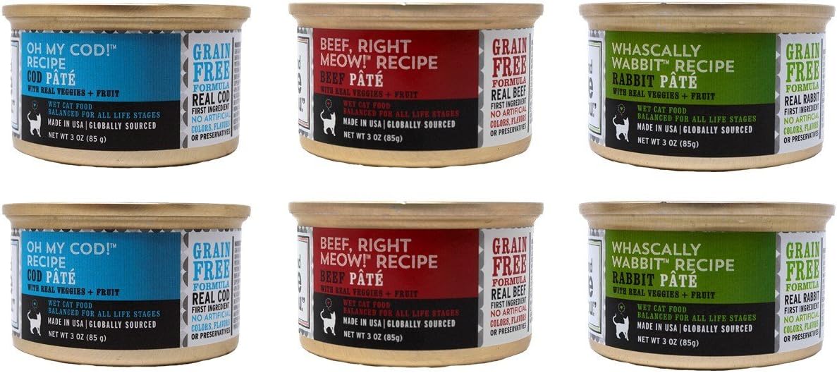 I and love and you Grain-Free Cat Food 3 Flavor 6 Can Bundle: (2) Whascally Wabbit, (2) Beef, Right Meow, and (2) Oh My Cod, 3 ounces each