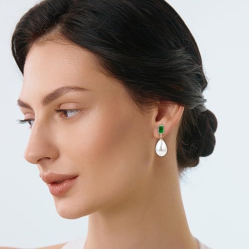 Vista 8 de Aretes de perlas para mujer, aretes de gota de perlas doradas, delicados aretes colgantes de plata para bodas, joyas de lazo como regalo de Navidad