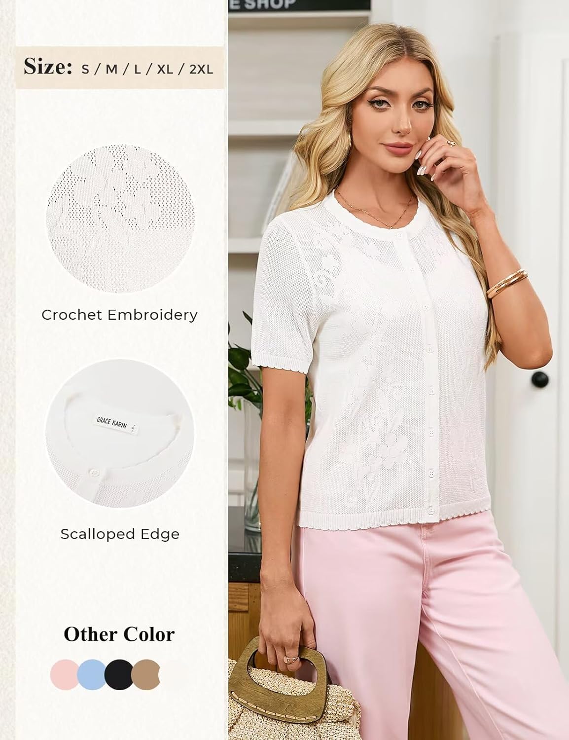 GRACE KARIN Cardigan Sweaters for Women Lightweight, Short Sleeve Sweater Trendy, Crewneck Crochet Shrugs Top for Dress - Image 4